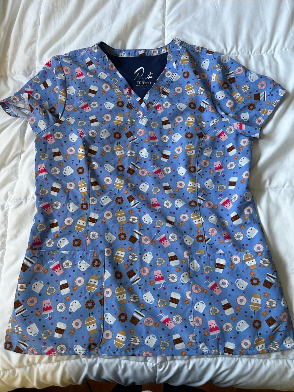 Maevn Women's Light Blue Coffee & Donut Print Short Sleeve Scrub Top